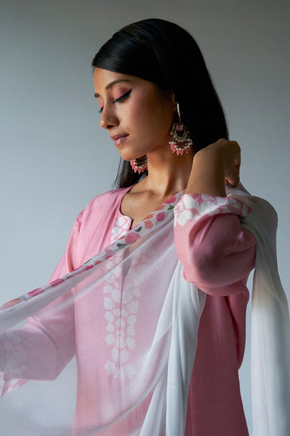 Women's Strawberry Ice Pink and Grey Bemberg Silk Salwar Suit With Delicate Embroidery Detailing