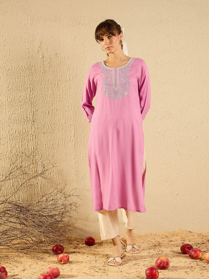 Indyancart IE Floral Embroidered Round Neck Machine Weave Straight Kurta