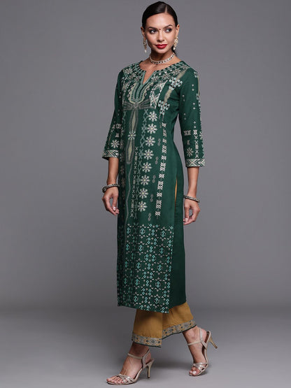 Indyancart IE Women Green & Grey Ethnic Motifs Foil Print Regular Kurta with Palazzos