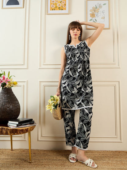 Floral Printed Notch Neck Pure Cotton A-Line Kurta With Trouser