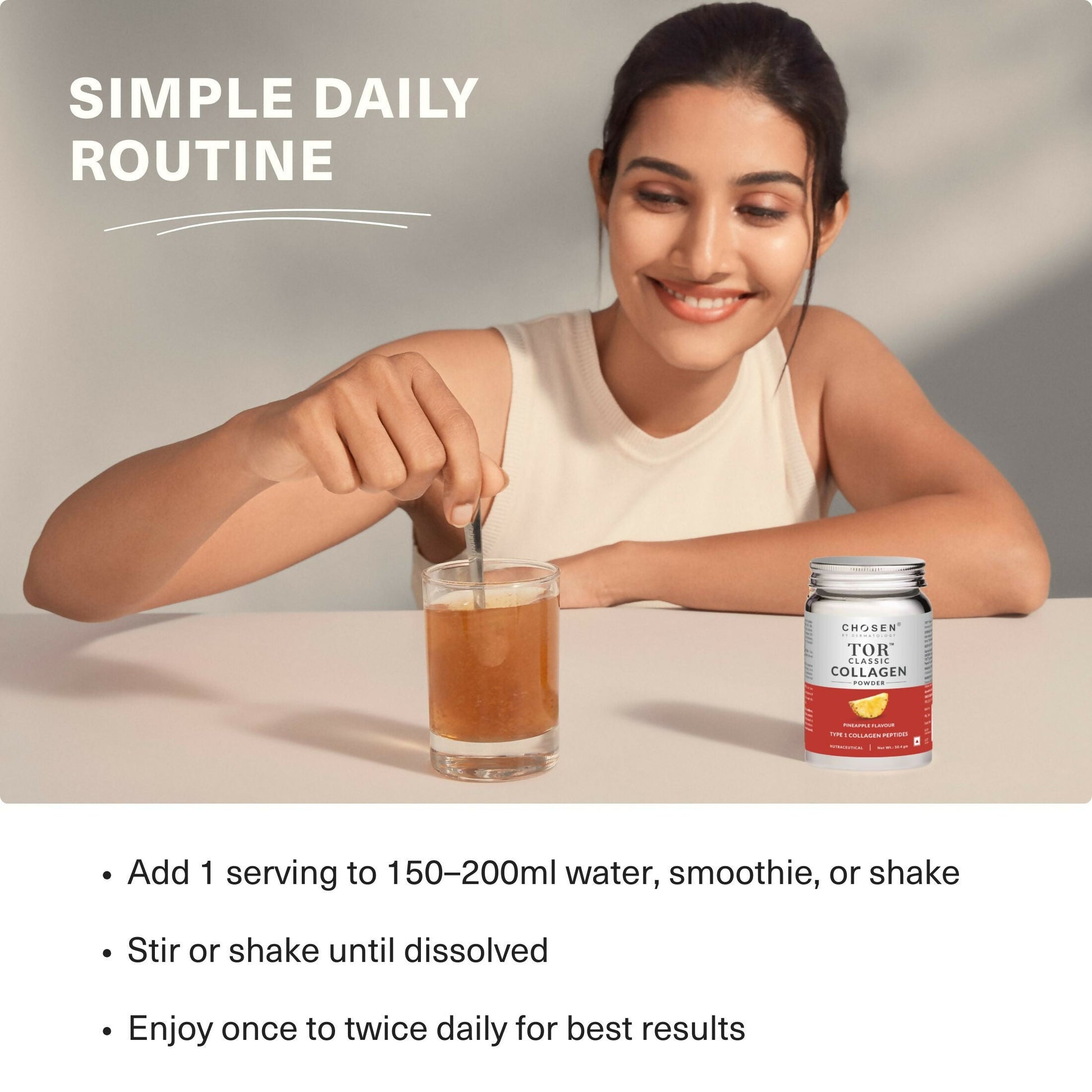 Chosen Tor Classic Marine Collagen Powder for skin, hair, and joint health, shown in a scoop with the supplement container.