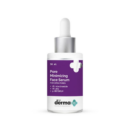 The Derma Co pore minimizing face serum with 4% niacinamide and 5% PHA, displayed in a clear glass bottle with dropper applicator.