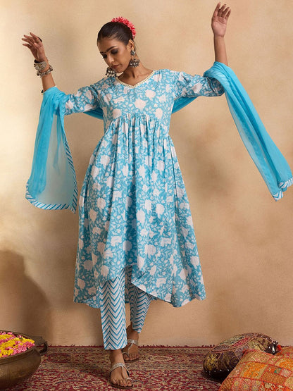 Floral Printed Empire Mirror Work Pure Cotton Kurta with Trousers & With Dupatta