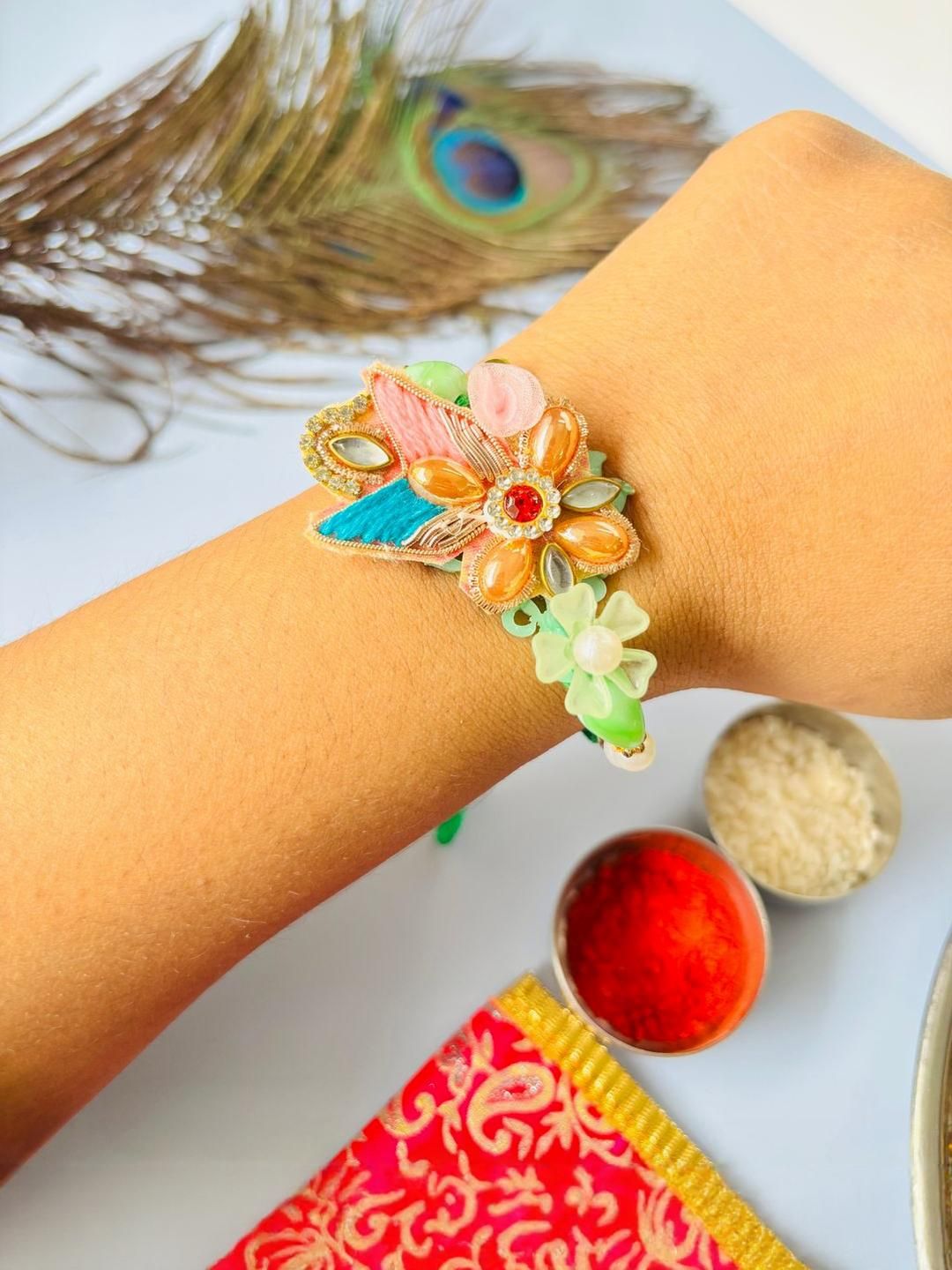 Anouk Multi Colored Pack of 2 Floral Traditional Handmade Rakhi Set