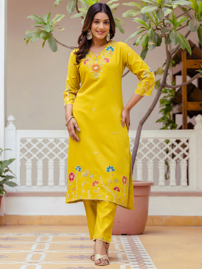 Indyancart VV Naira Floral Embroidered Hand Work Suits Yellow Kurta Pant Sets With Dupatta