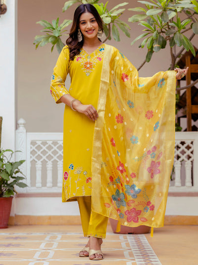 Indyancart VV Naira Floral Embroidered Hand Work Suits Yellow Kurta Pant Sets With Dupatta