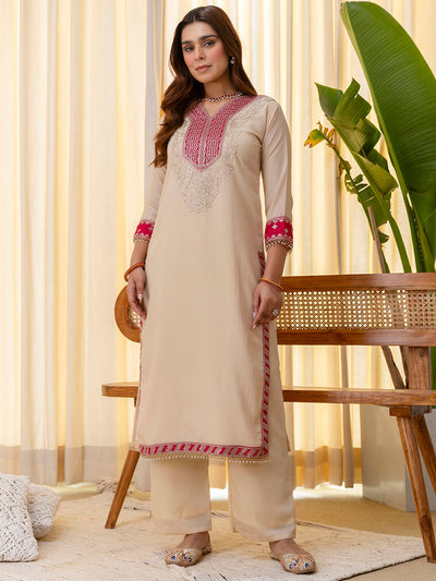Indyancart VV Niyati Cream Embroidred Kurta Sets with Sequins Work Women Suits