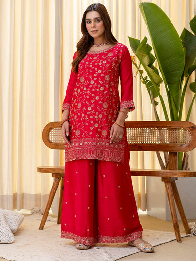 Indyancart VV Rani Pink Silk Blend Embroidered with Sequins Straight Kurta Palazzo Dupatta Set
