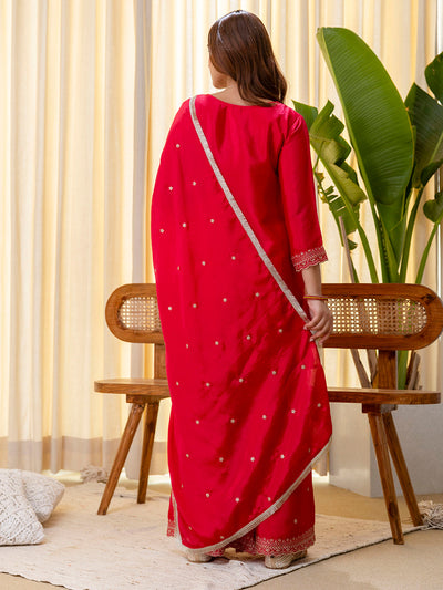 Indyancart VV Rani Pink Silk Blend Embroidered with Sequins Straight Kurta Palazzo Dupatta Set