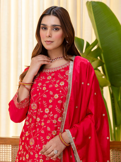Dhiyona VV Rani Pink Silk Blend Embroidered with Sequins Straight Kurta Palazzo Dupatta Set