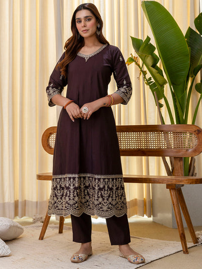Indyancart VV Vireya Coffee Embroidred Kurta Sets with Sequins Work Women Suits