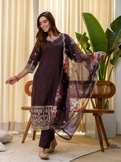 Indyancart VV Vireya Coffee Embroidred Kurta Sets with Sequins Work Women Suits