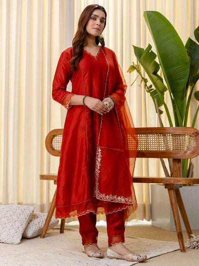 Indyancart VV Sukoon Rust Embroidred Kurta Sets with Sequins Work Women Suits