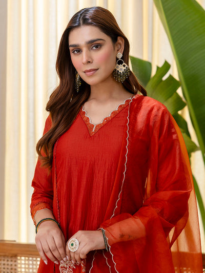 Indyancart VV Sukoon Rust Embroidred Kurta Sets with Sequins Work Women Suits