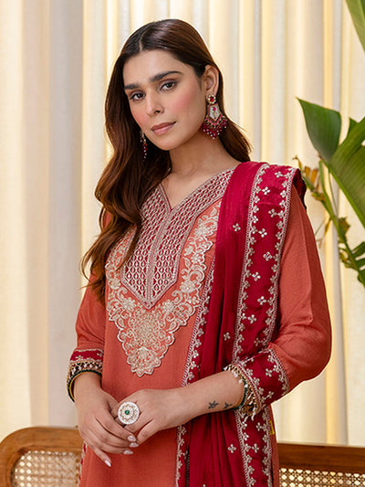 Indyancart VV Niyati Peach Embroidred Kurta Sets with Sequins Work Women Suits