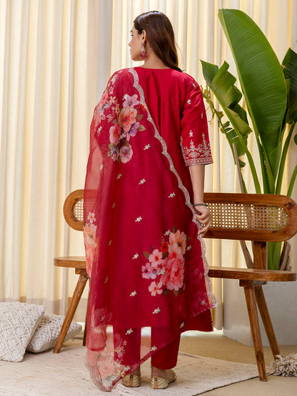 Dhiyona VV Vireya Cherry red Embroidred Kurta Sets with Sequins Work Women Suits