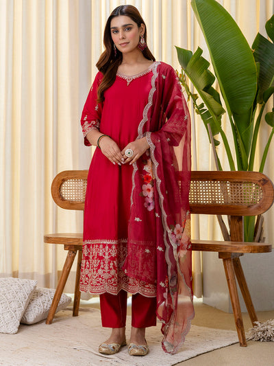 Indyancart VV Vireya Cherry red Embroidred Kurta Sets with Sequins Work Women Suits