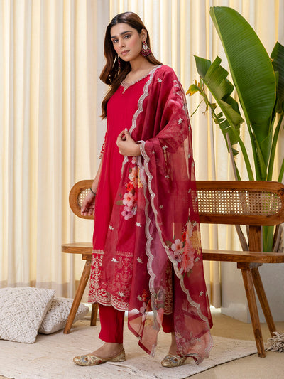 Indyancart VV Vireya Cherry red Embroidred Kurta Sets with Sequins Work Women Suits