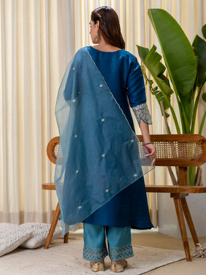 Dhiyona VV Teal-blue Embroidred Kurta Sets with Sequins Work Women Suits