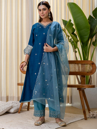 Indyancart VV Teal-blue Embroidred Kurta Sets with Sequins Work Women Suits