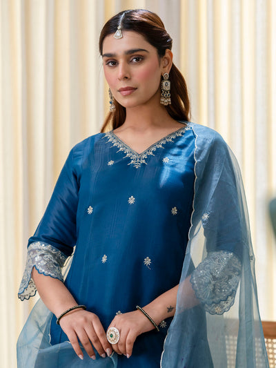 Indyancart VV Teal-blue Embroidred Kurta Sets with Sequins Work Women Suits