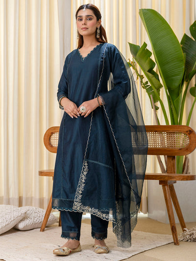 Indyancart VV Sukoon Teal Embroidred Kurta Sets with Sequins Work Women Suits