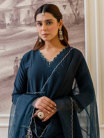 Indyancart VV Sukoon Teal Embroidred Kurta Sets with Sequins Work Women Suits