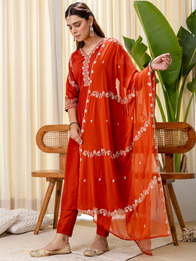 Indyancart VV Rust Embroidred Kurta Sets with Sequins Work Women Suits