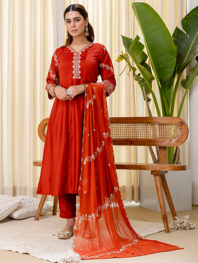 Indyancart VV Rust Embroidred Kurta Sets with Sequins Work Women Suits