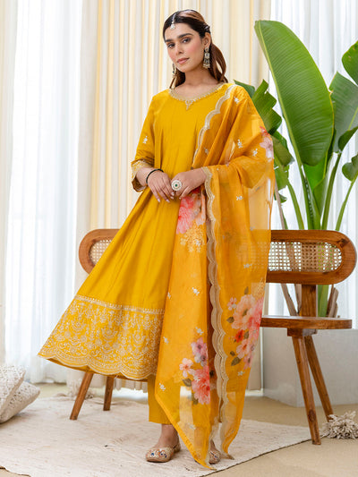 Indyancart VV Vireya Mustard Embroidred Kurta Sets with Sequins Work Women Suits