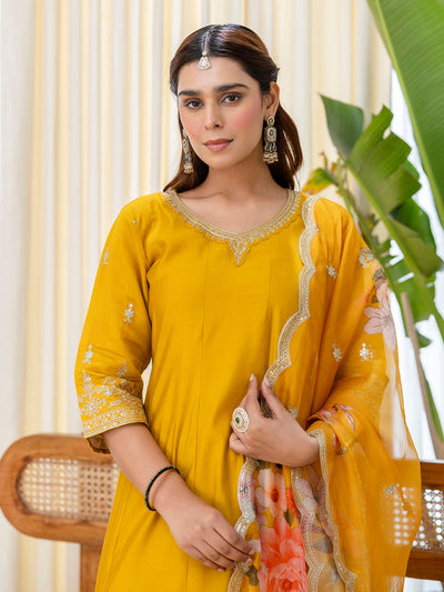 Indyancart VV Vireya Mustard Embroidred Kurta Sets with Sequins Work Women Suits