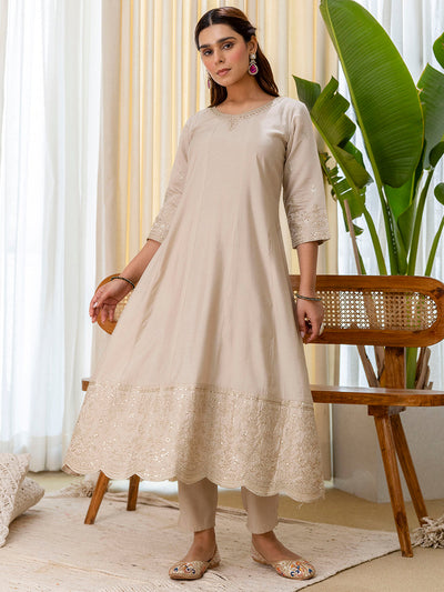 Indyancart VV Vireya Grey Embroidred Kurta Sets with Sequins Work Women Suits