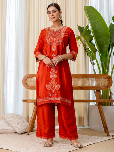 Indyancart VV Utsaah Rust Embroidred Kurta Sets with Sequins Work Women Suits