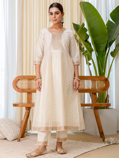 Indyancart VV Sattva White Embroidred Kurta Sets with Heavy thread Work Women Suits