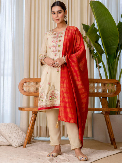 Indyancart VV Beige Elegant Silk Kurta Pant Set