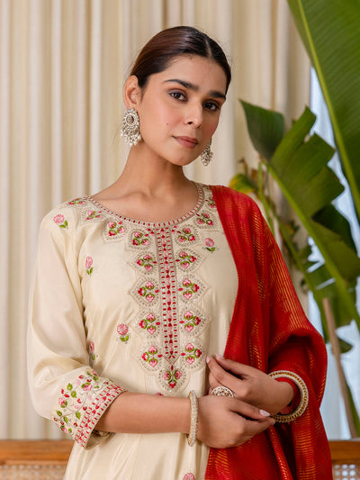 Indyancart VV Beige Elegant Silk Kurta Pant Set