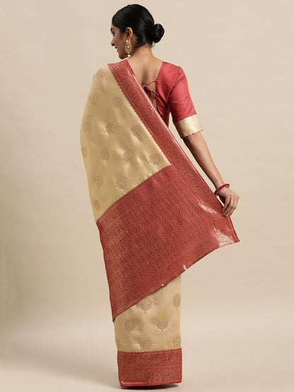 Women's Silk Blend Cream Woven Design Designer Saree With Blouse Piece