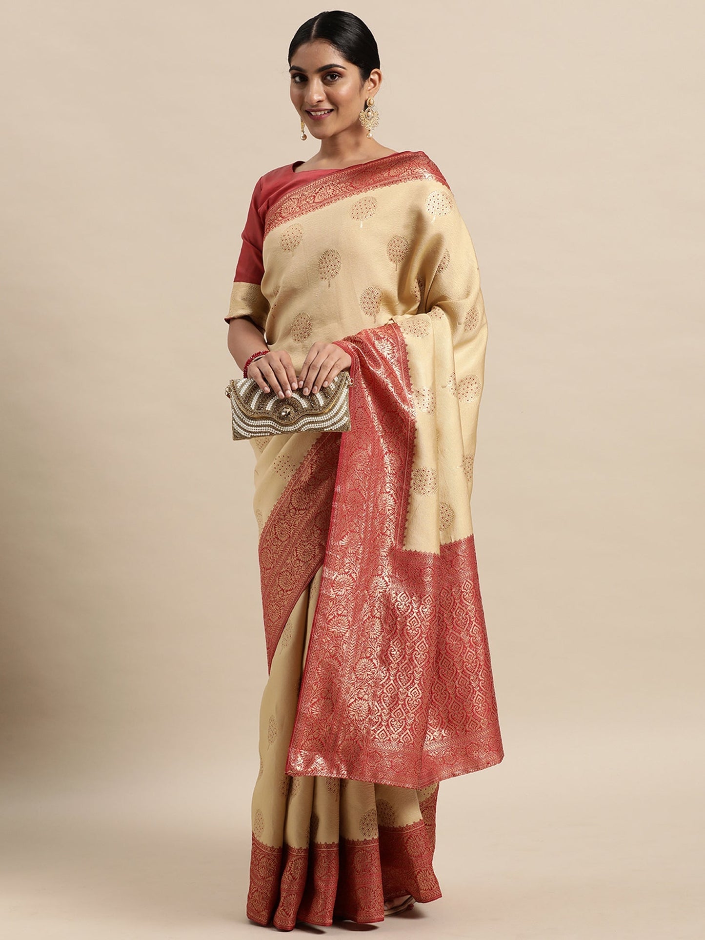 Women's Silk Blend Cream Woven Design Designer Saree With Blouse Piece