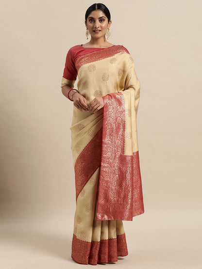 Women's Silk Blend Cream Woven Design Designer Saree With Blouse Piece