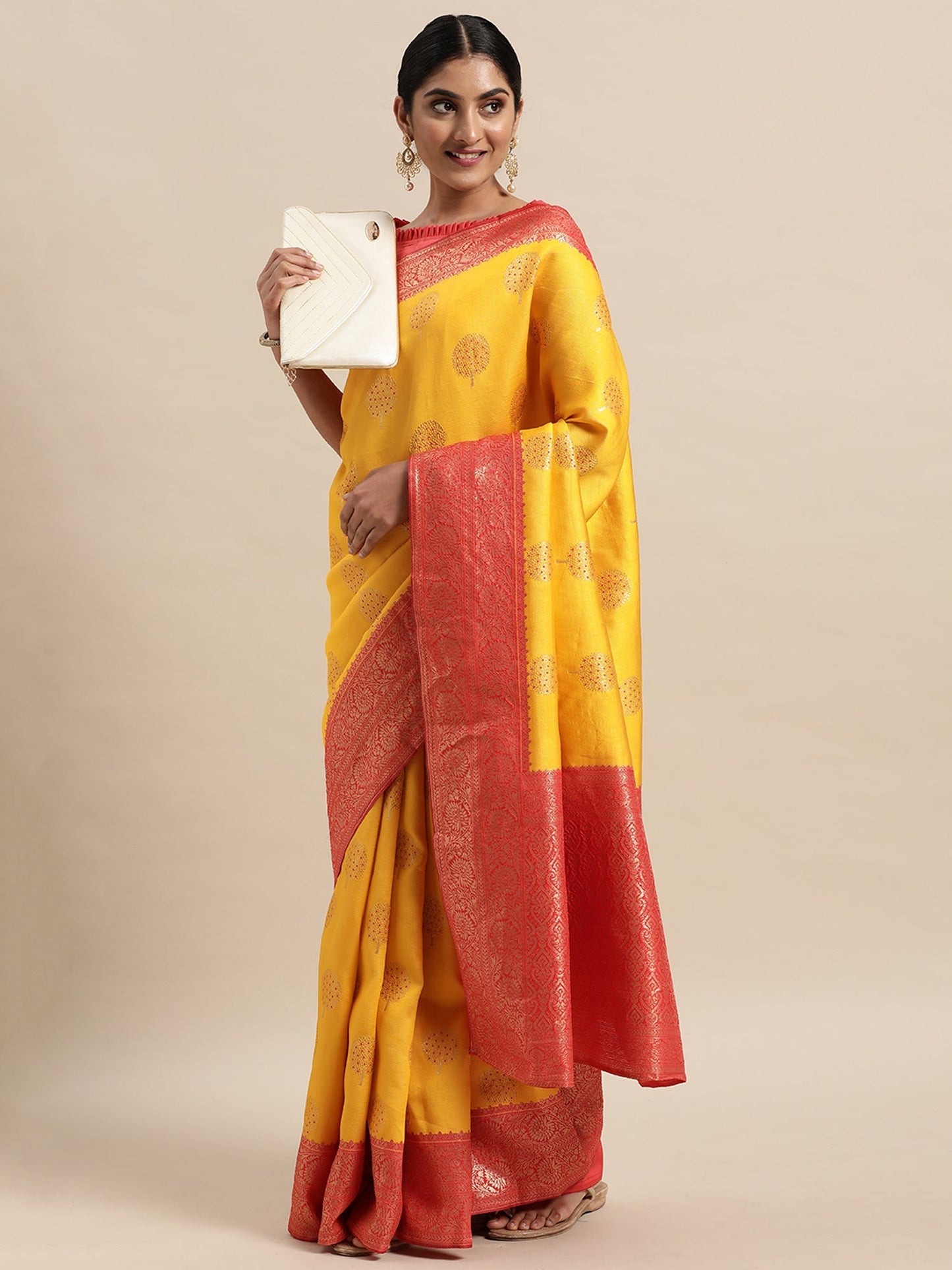 Women's Silk Blend Yellow Woven Design Designer Saree With Blouse Piece