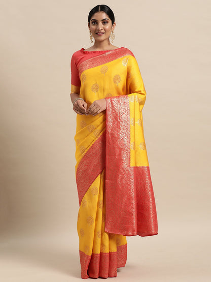 Women's Silk Blend Yellow Woven Design Designer Saree With Blouse Piece