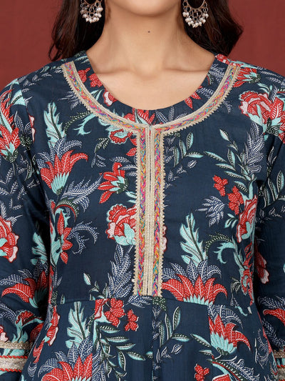 Indyancart VA Women's Floral Printed Regular Pure Cotton Kurta with Trousers & With Dupatta
