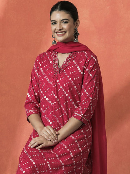 Indyancart SN Women's Bandhani Printed V-Neck Pleated Pure Cotton Straight Kurta With Trouser & Dupatta