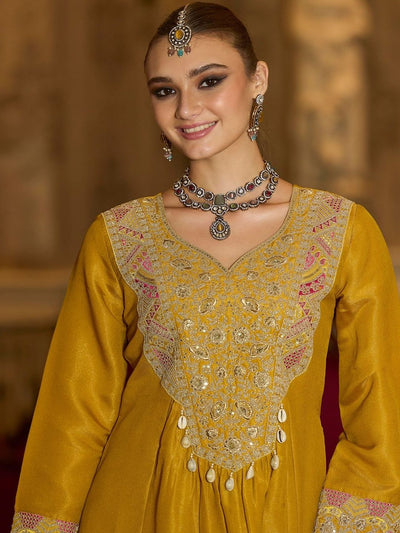 Indyancart IE Ethnic Motifs Embroidered A-Line Bandhani Zari Kurta With Trousers & Dupatta