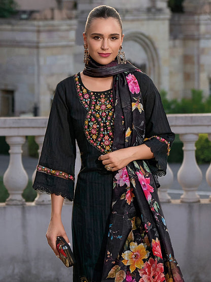 Indyancart IE Floral Embroidered Regular Thread Work Pure Cotton Kurta With Trousers & Dupatta