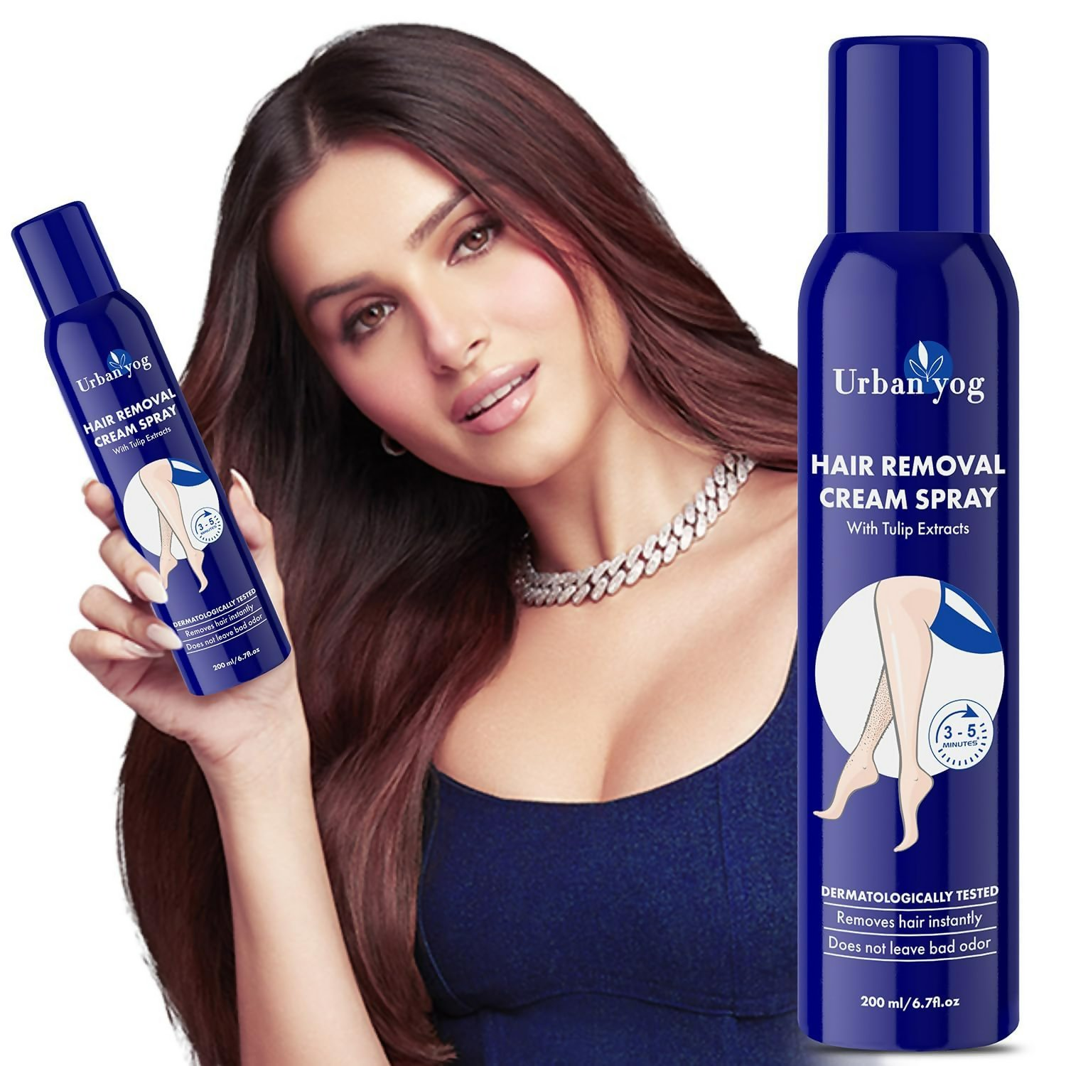 Urban Yog hair removal cream spray for women, featuring a sleek bottle with spray nozzle, designed for easy hair removal.