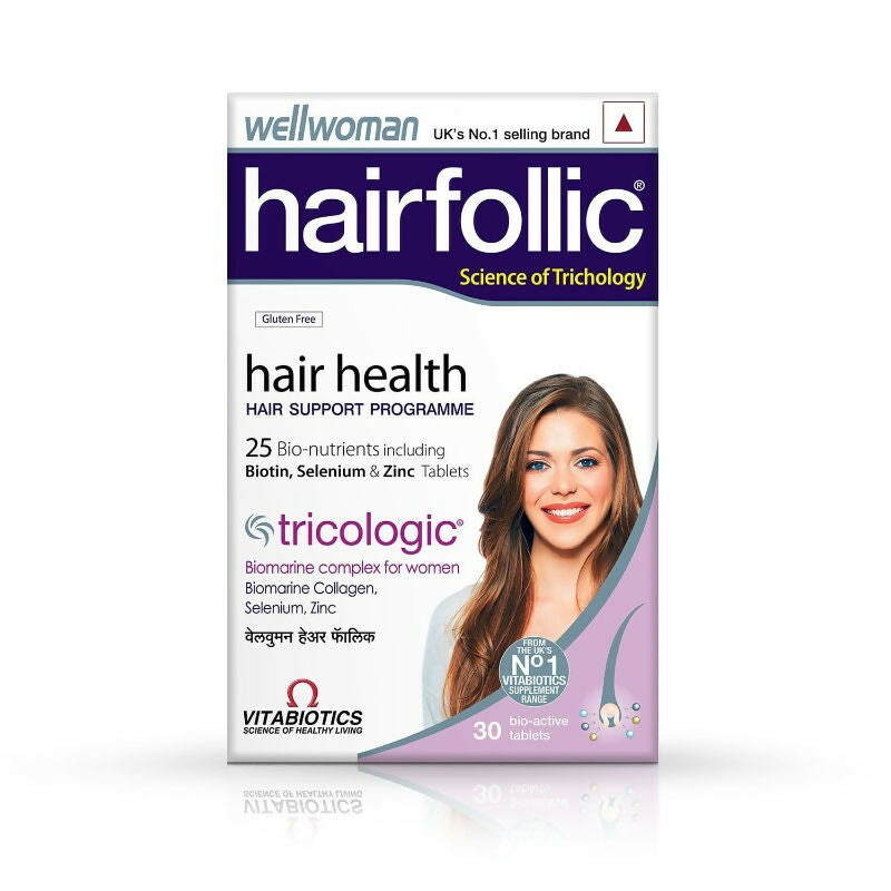 Wellwoman Hairfollic skin supplement tablets in a blister pack, designed to support healthy hair and skin.