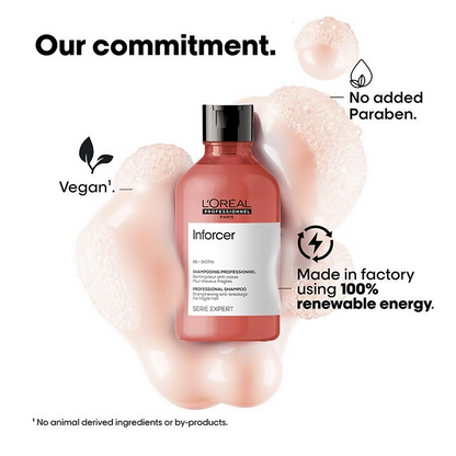 L'Oreal Professionnel Inforcer Shampoo for reducing hair breakage, featuring biotin and vitamin B6, with a clear shampoo bottle.