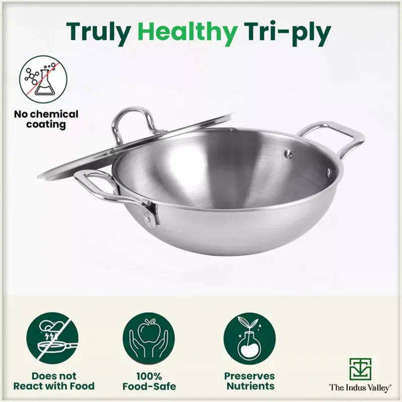 The Indus Valley TurboCuk Tri-ply Stainless Steel Cookware Set: 3L Kadai with Lid + 1.4L Fry Pan, Premium Quality, 3 Layer Thick Body, 100% Toxin-free, Non-stick, Induction & Gas