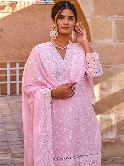 Women Ethnic Motifs Embroidered Regular Chikankari Pure Cotton Kurta with Trousers & With Dupatta